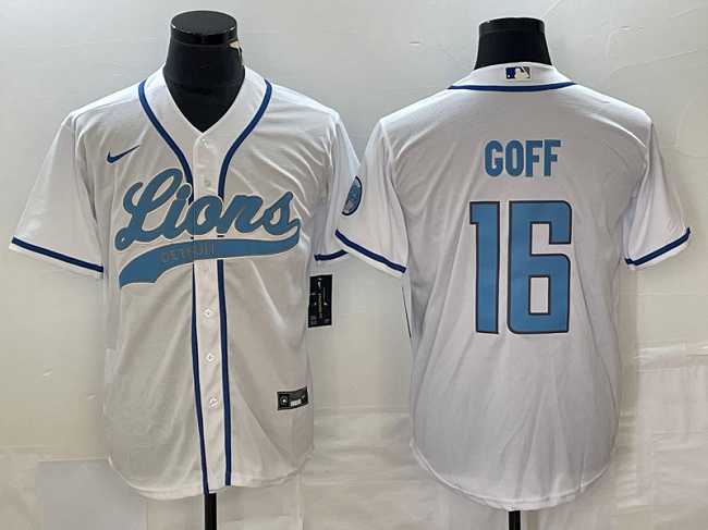 Mens Detroit Lions #16 Jared Goff White Cool Base Stitched Baseball Jersey